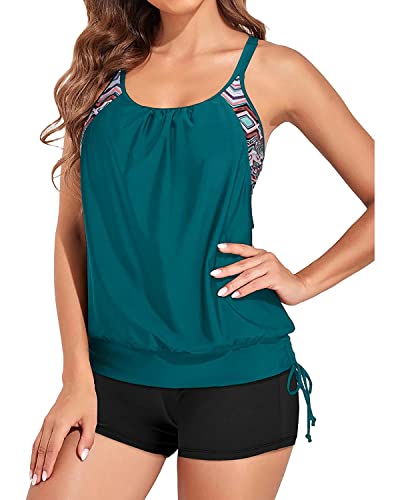 Holipick Tankini-Badeanzüge für Damen, zweiteilig, Bauchkontrolle, Badeanzüge, Blouson, Tankini-Top mit sportlichen Jungen-Shorts, Grün , Medium von Holipick