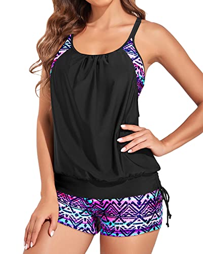 Holipick Tankini Badeanzug für Damen Zweiteilige Bauchkontrolle Badeanzüge Blouson Tankini Top mit sportlichen Jungen Shorts, Schwarz Violett, Medium von Holipick