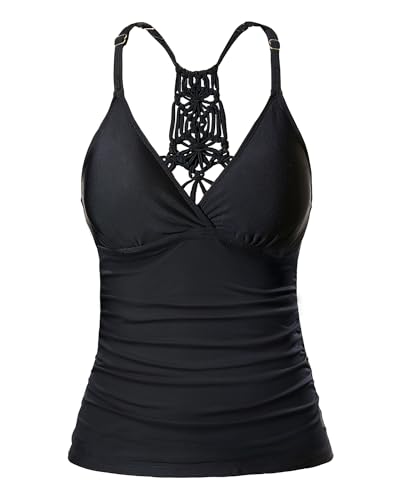 Holipick Tankini-Oberteil für Damen, V-Ausschnitt, Bauchkontrolle, Badeanzug, gerüscht, ohne Unterteil, Schwarz, S von Holipick