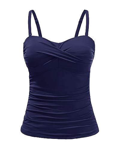 Holipick Tankini-Top für Damen, gedrehte Vorderseite, Bandeau-Bade-Top, Bauchkontrolle, Badeanzug, nur Oberteil, ohne Unterteil, Marineblau, XL von Holipick