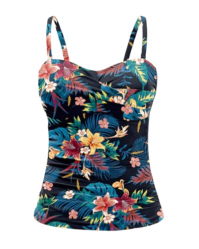 Holipick Tankini-Top für Damen, gedrehte Vorderseite, Bandeau-Bade-Top, Bauchkontrolle, Badeanzug, nur Oberteil, ohne Unterteil, Schwarz, floral, Large von Holipick