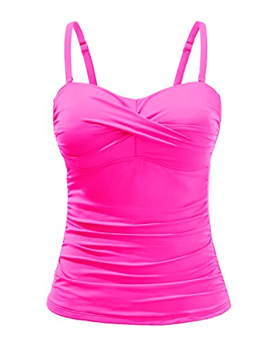 Holipick Tankini-Top für Damen, gedrehte Vorderseite, Bandeau-Bade-Top, Bauchkontrolle, Badeanzug, nur Oberteil, ohne Unterteil, neon pink, XL von Holipick