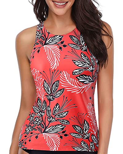 Holipick Tankini-Top mit hohem Ausschnitt für Damen, Bauchkontrolle, Tank-Tops, Badeanzug, Oberteil, ohne Unterteil, Rot/Schwarz/Weiß, Medium von Holipick