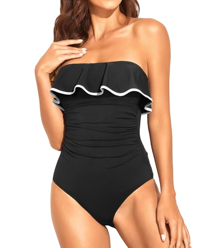 Holipick Trägerloser einteiliger Badeanzug für Damen, Bauchkontrolle, Bandeau-Badeanzug, Rüschen, schlankmachende Bademode, schwarz mit weiß, XL von Holipick