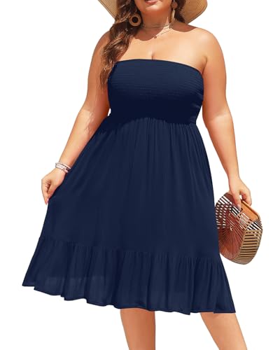Holipick Trägerloses Kleid in Übergröße für Damen, Strandkleid, Boho, Sommer, lässig, Midi-Sommerkleid, Marineblau, 50 Mehr von Holipick