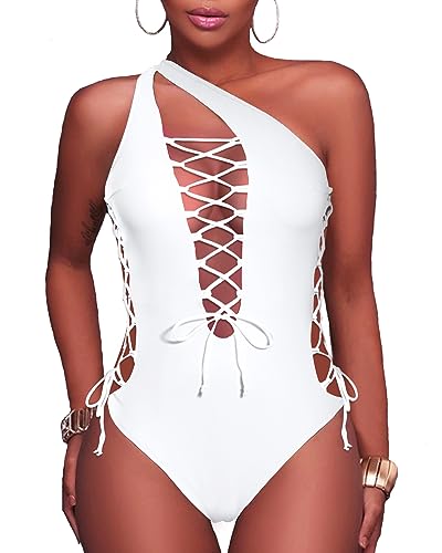 Holipick Women White Sexy One Piece Swimsuits Lace up Plunge Monokini Criss Cross Bathing Suits Strappy Cross Back Swimwear XS von Holipick