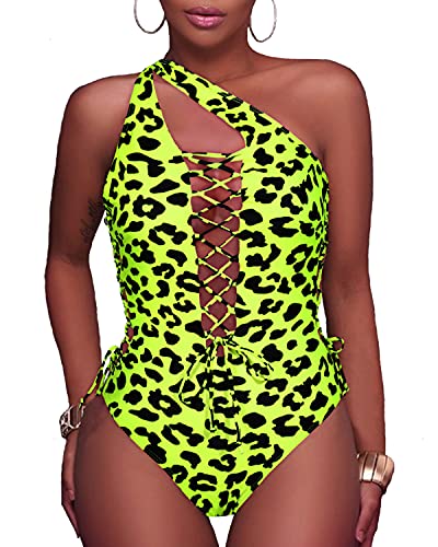 Holipick Women Yellow Leopard Sexy One Piece Swimsuits Lace up Plunge Monokini Criss Cross Bathing Suits Strappy Cross Back Swimwear L von Holipick