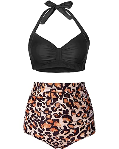 Holipick Women's Retro Halter Bikini High Waisted Vintage Swimsuits Tummy Control Two Piece Bathing Suits (X-Large, Black Leopard) von Holipick