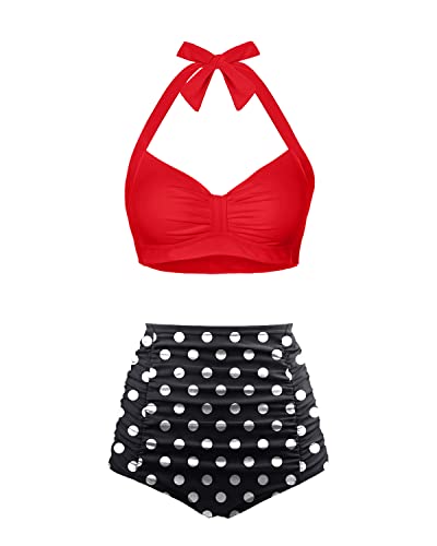 Holipick Women's Vintage Halter Bikini High Waisted Bikini Swimsuits Two Piece Bathing Suits Tummy Control (Large, Red Black Polka) von Holipick