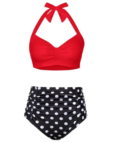 Holipick Women's Vintage Halter Bikini High Waisted Bikini Swimsuits Two Piece Bathing Suits Tummy Control (Large, Red Black Polka) von Holipick