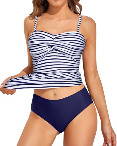 Holipick Zweiteilige Bandeau-Tankini-Badeanzüge für Damen, Bauchkontrolle, Badeanzüge, Twist-Front-Tankini-Top mit Badeshorts, Blau gestreift, Medium von Holipick