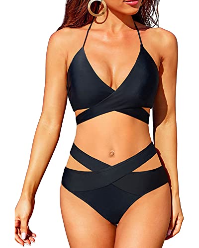 Holipick Zweiteilige Bikini-Sets für Damen, hohe Taille, Bikini, Push-Up-Badeanzug, Neckholder, Wickel, Criss Cross Badeanzug, Schwarz, Large von Holipick