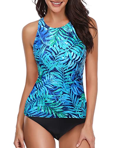 Holipick Zweiteilige Tankini-Badeanzüge für Damen, Bauchkontrolle, Badeanzüge, hoher Ausschnitt, Neckholder, Badeanzug, Tank Top mit Shorts, Blaue Blätter, Large von Holipick