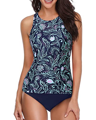 Holipick Zweiteilige Tankini-Badeanzüge für Damen, Bauchkontrolle, Badeanzüge, hoher Ausschnitt, Neckholder, Badeanzug, Tank Top mit Shorts, Dunkelblaues Blumenmuster, XL von Holipick