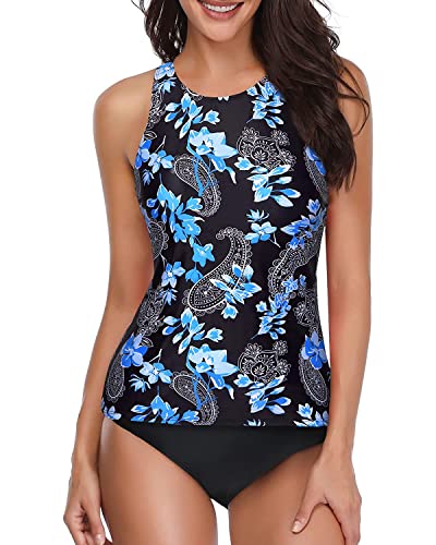 Holipick Zweiteilige Tankini-Badeanzüge für Damen, Bauchkontrolle, Badeanzüge, hoher Ausschnitt, Neckholder, Badeanzug, Tank Top mit Shorts, Schwarz-blaues Paisley, Large von Holipick