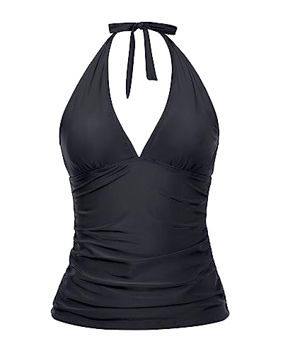 Holipick Zweiteilige Tankini-Badeanzüge für Damen, Bauchkontrolle, Badeanzüge, sexy V-Ausschnitt, Neckholder, Tankini-Oberteil mit Bikinihose, Schwarzer V-Ausschnitt, Medium von Holipick