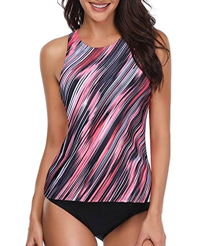 Holipick Zweiteilige Tankini-Sets Badeanzüge für Frauen Bauchkontrolle Badeanzüge Hoher Hals Neckholder Schwimmen Tank Top mit Shorts, Bunt gestreift, Large von Holipick