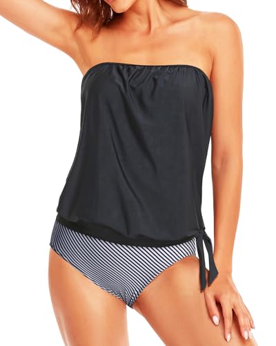 Holipick Zweiteiliger Bandeau-Tankini, Badeanzüge für Damen, trägerloser Badeanzug, Blouson-Badeoberteil mit Bikinihose, Teenager-Mädchen, Schwarzer Streifen, Medium von Holipick