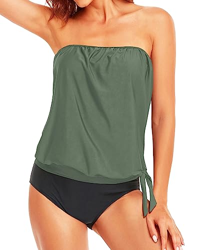 Holipick Zweiteiliger Bandeau-Tankini-Badeanzug für Damen, lockere Passform, Badeanzug, Blouson, Schwimm-Tanktop mit Shorts, armee-grün, Small von Holipick