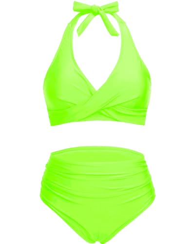 Holipick Zweiteiliger Damen-Badeanzug, hohe Taille, Bikini-Set, Neckholder-Top mit Hose, Bauchkontrolle, Badeanzug, neon Green, X-Large von Holipick