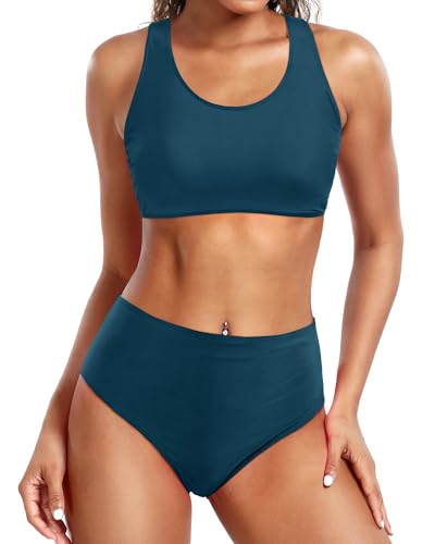 Holipick Zweiteiliger Damen-Bikini mit hoher Taille, bauchfreies Top, Badeanzug, U-Ausschnitt, Badeanzug für Teenager, Mädchen mit Unterteil, Blau Grün, XS von Holipick