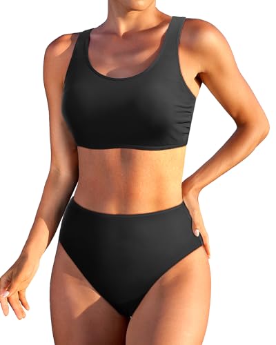 Holipick Zweiteiliger Damen-Bikini mit hoher Taille, bauchfreies Top, Badeanzug, U-Ausschnitt, Badeanzug für Teenager, Mädchen mit Unterteil, Schwarz, XX-Small von Holipick