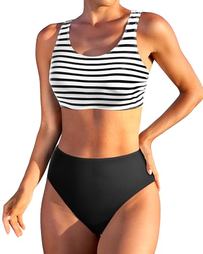 Holipick Zweiteiliger Damen-Bikini mit hoher Taille, bauchfreies Top, Badeanzug, U-Ausschnitt, Badeanzug für Teenager, Mädchen mit Unterteil, Schwarzer Streifen, XS von Holipick