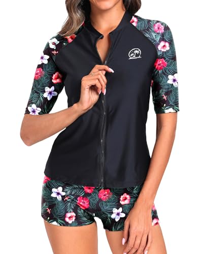 Holipick Zweiteiliger Rashguard für Damen, kurzärmelig, LSF 50+, Badeshirt, Reißverschluss, Badeanzug mit Boyshorts-Hose, Schwarz, floral, Medium von Holipick