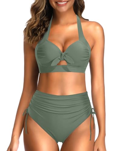 Holipick Zweiteiliger Retro-Badeanzug für Damen, Neckholder, Bauchkontrolle, hohe Taille, Bikini mit Unterteil, Olivgrün, Large von Holipick