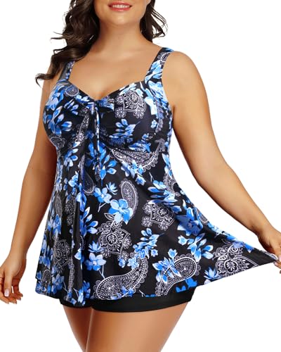 Holipick Zweiteiliger Tankini, Badeanzüge in Übergröße, für Damen, Bauchkontrolle, Badeoberteil mit Shorts, lang, fließend, blaue blumen, 18 Plus von Holipick