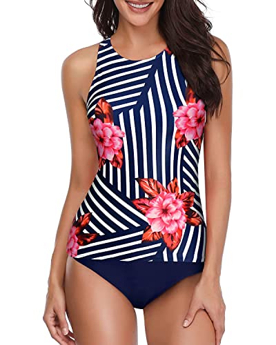 Holipick Zweiteiliger Tankini-Badeanzug für Damen, Bauchkontrolle, Badeanzüge, hoher Ausschnitt, Neckholder, Schwimm-Tanktop mit Shorts, Gestreifte Blume, XL von Holipick