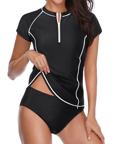 Holipick Zweiteiliger kurzärmeliger Rashguard-Badeanzug mit Flügelärmeln und Reißverschluss, Badeshirt für Damen, Schwarz, XL von Holipick