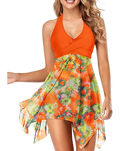 Holipick Zweiteiliges Badekleid für Damen, Tankini, Neckholder, Badeanzug, Kleid, Netzstoff, Tankini-Top mit Boyshorts, Orange/Abendrot im Zickzackmuster (Sunset Chevron), XL von Holipick