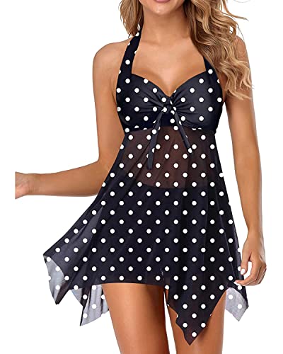 Holipick Zweiteiliges Damen-Badekleid mit Bügel, Badeanzüge, Push-Up-Tankini, Neckholder-Badeanzug, Kleid mit Boyshorts, schwarz / punkte, XX-Large von Holipick