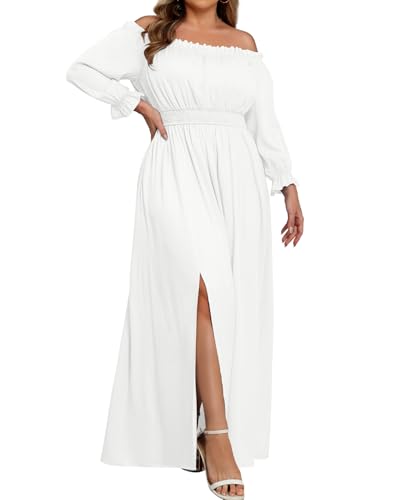 Sommerkleid in Übergröße, schulterfrei, langärmelig, geteilt, Maxi, Boho, langes fließendes Kleid mit Taschen, Brautparty, Weiß (zweiteilig), 46 Mehr von Holipick