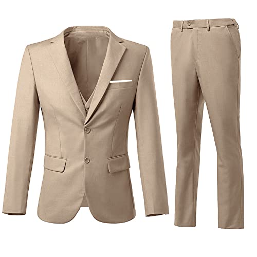 Holivyer Herren 3 Stück Slim Fit Anzug Set, Zwei Knöpfe Blazer Solide Jacke Weste Hose Hochzeit Business Anzug, Champagner, M von Holivyer