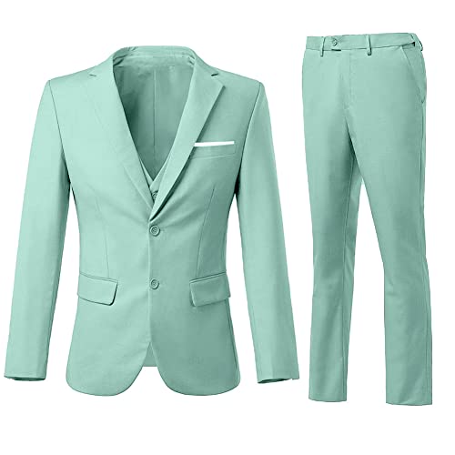 Holivyer Herren 3-teiliges Slim Fit Anzug-Set, Zwei Knöpfe Blazer Solid Jacke Weste Hosen Hochzeit Business Anzug, Mintgrün, 3XL von Holivyer