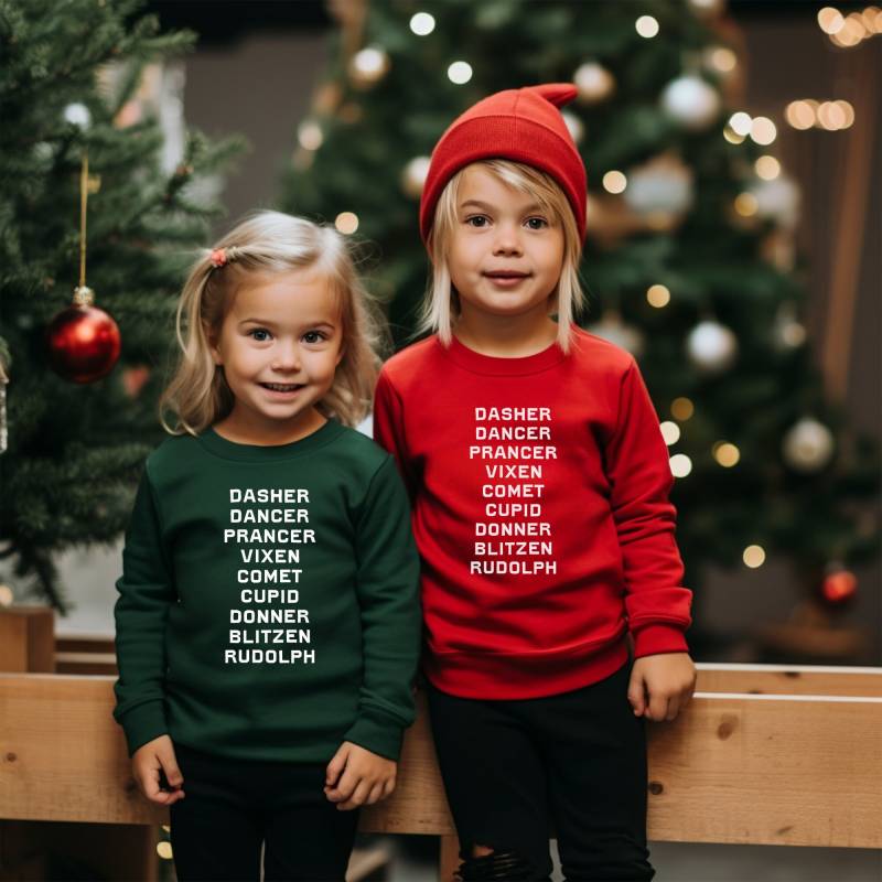Kinder Weihnachten Sweatshirt | Rentier Namen Kleinkind Weihnachtsbaum Bauernhof Rundhalsausschnitt Süßer Weihnachtspullover von HollandAve