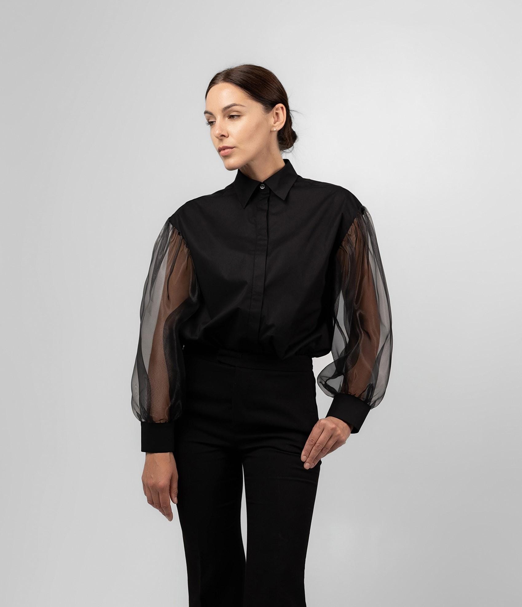 Schwarze Damenbluse Mit Puffärmeln Aus Organza. Elegantes Baumwollhemd in Schwarz Für Eine Hochzeit Oder Party. Handgefertigte Damenbekleidung Schwarze Damenbluse Mit Puffärmeln Aus Organza. Elegantes Baumwollhemd in Schwarz Für Eine Hochzeit Oder Party. Handgefertigte Damenbekleidung von HollandSewingHouse
