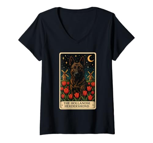 Damen Holländisches Hirtenhund-Tarot T-Shirt mit V-Ausschnitt von Hollandse Herdershond Dog