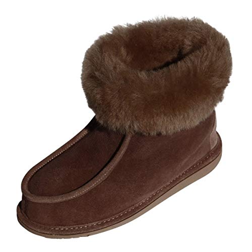 Damen & Herren Lammfell Hausschuhe Adam Fellschuhe aus Merino Schaffell Echtleder sehr warm und atmungsaktiv Schuhgröße 38, Farbe Braun von Hollert