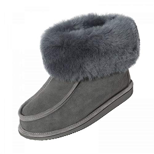 Damen & Herren Lammfell Hausschuhe Adam Fellschuhe aus Merino Schaffell Echtleder sehr warm und atmungsaktiv Schuhgröße 39, Farbe Grau von Hollert