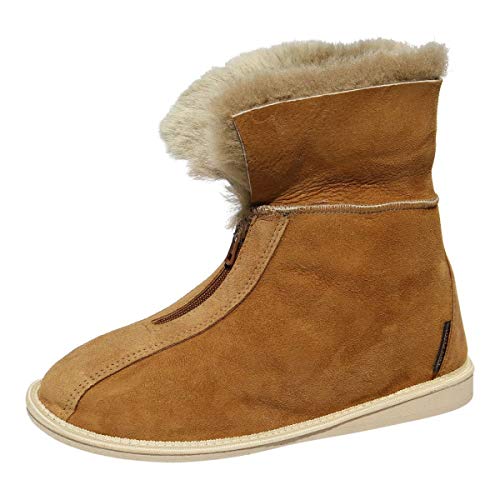 Damen & Herren Lammfell Hausschuhe Alaska Cognac Fellschuhe mit Reißverschluss 100% Merino Schaffell für Wohlgefühl - warm, atmungsaktiv Schuhgröße 37 von Hollert