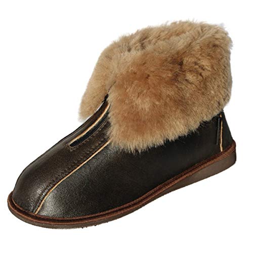 Damen & Herren Lammfell Hausschuhe Alaska Dunkelbraun Fellschuhe mit Reißverschluss 100% Merino Schaffell für Wohlgefühl - warm, atmungsaktiv Schuhgröße 46 von Hollert