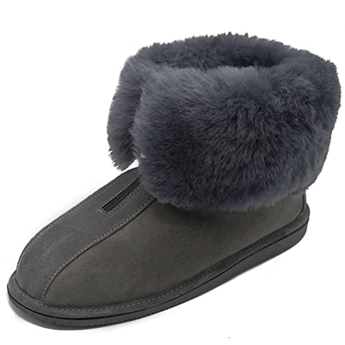 Damen & Herren Lammfell Hausschuhe Alaska Grau Hüttenschuhe Fellschuhe mit Reißverschluss 100% Merino Schaffell für Wohlgefühl - warm, atmungsaktiv Schuhgröße 42 von Hollert