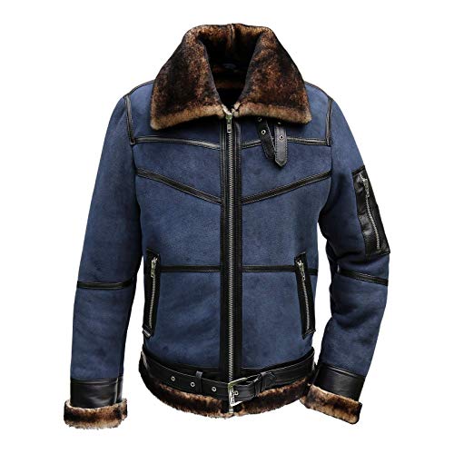Herren Lammfelljacke B16 Blau Fliegerjacke Pilotenjacke U.S. Air Winterjacke echtes Merino Schaffell Lederjacke Felljacke Fashion Jacke Größe L von Hollert