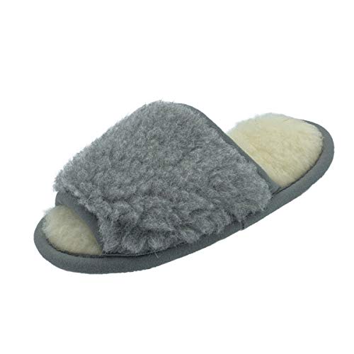 Hollert Damen Hausschuhe Pantoffeln aus Merinowolle Becky warme Schlappen aus Schafwolle vorne offen Schuhgröße 38, Farbe Grau von Hollert