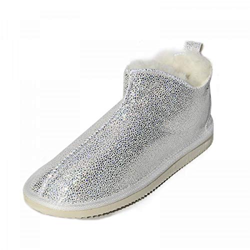 Hollert Damen Lammfell Hausschuhe Cinderella Glitzer Fellschuhe aus Merino Schaffell Echtleder warme Hüttenschuhe Schuhgröße 36, Farbe Weiß von Hollert