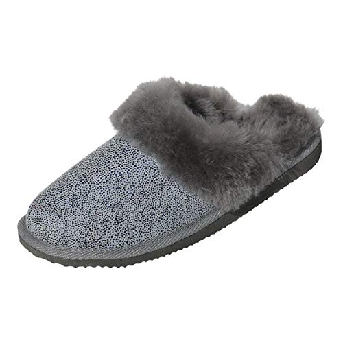 Hollert Damen Lammfell Hausschuhe Malibu Glitzer Pantoffeln Fellschuhe Puschen Pantoletten Slipper echt Merino Schaffell warm atmungsaktiv bequem Schuhgröße 39, Farbe Blau von Hollert