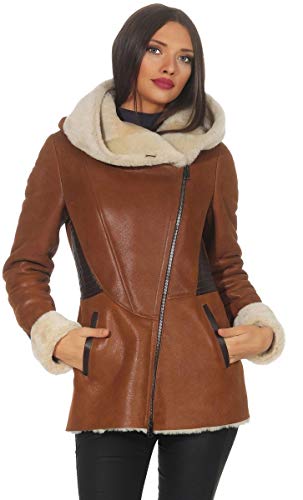 Hollert Damen Lammfelljacke Lena Winterjacke aus Merino Schaffell Echtleder mit Kapuze Größe M, Farbe Cognac von Hollert